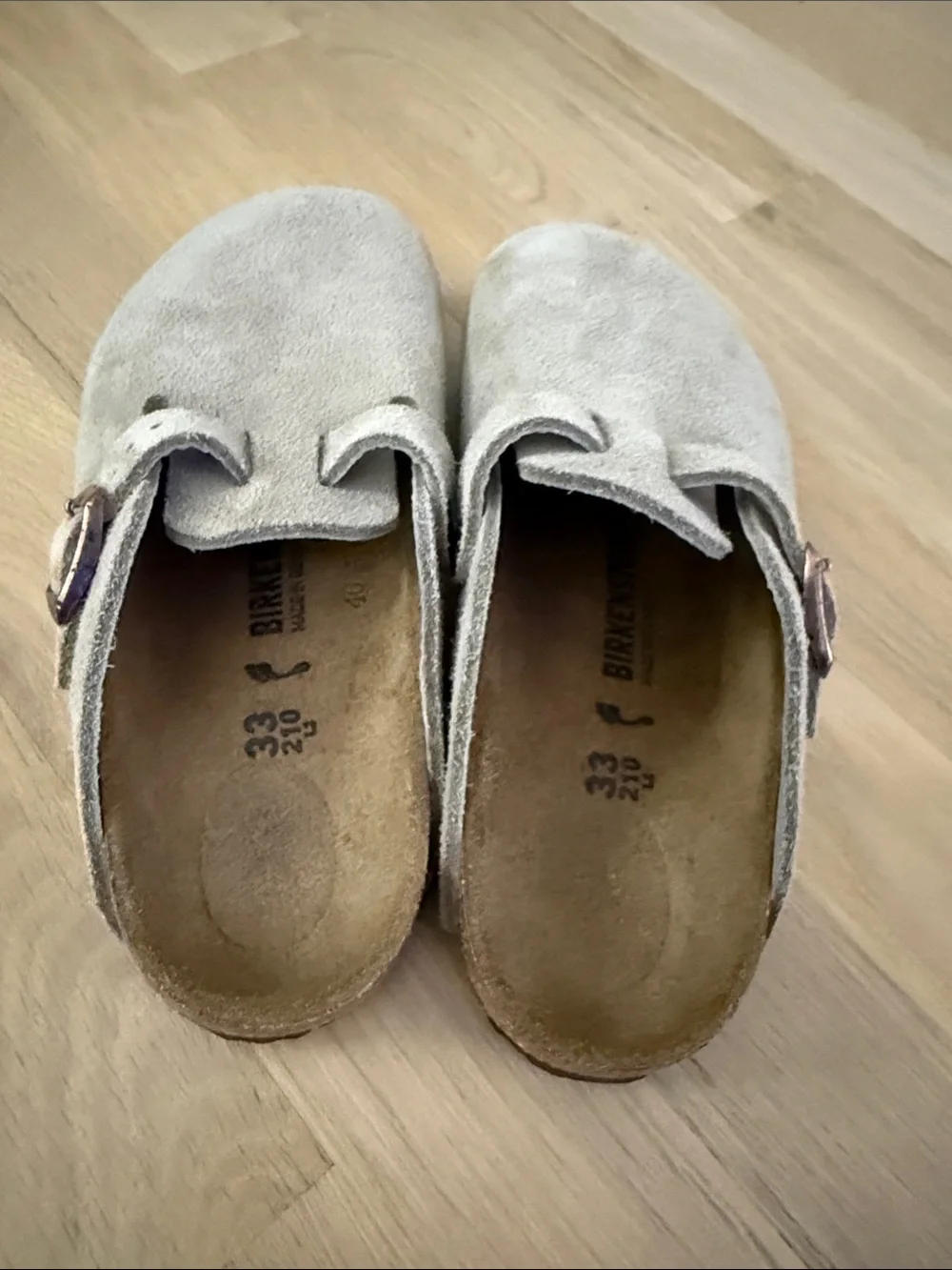Birkenstock Kids Suede Clog in Beige with Silver Buckle